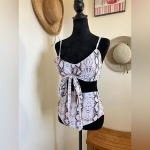 Snake-Print Tie-Front Crop Cami in White